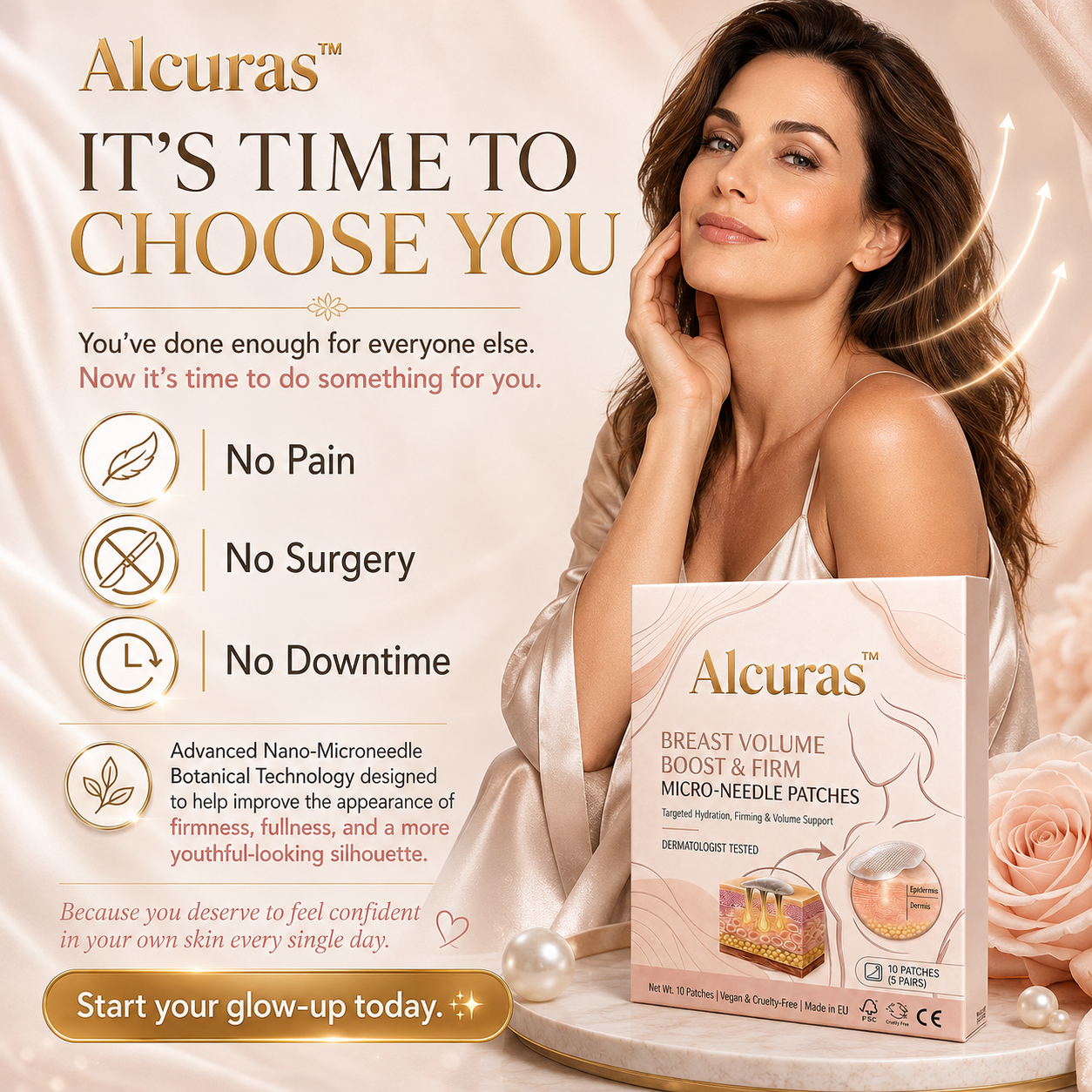 Alcuras™ Nano-Microneedle Bust Lift Patches ✨ — No Surgery Needed. For a firmer, fuller, more lifted-looking bust contour & renewed feminine confidence 💖